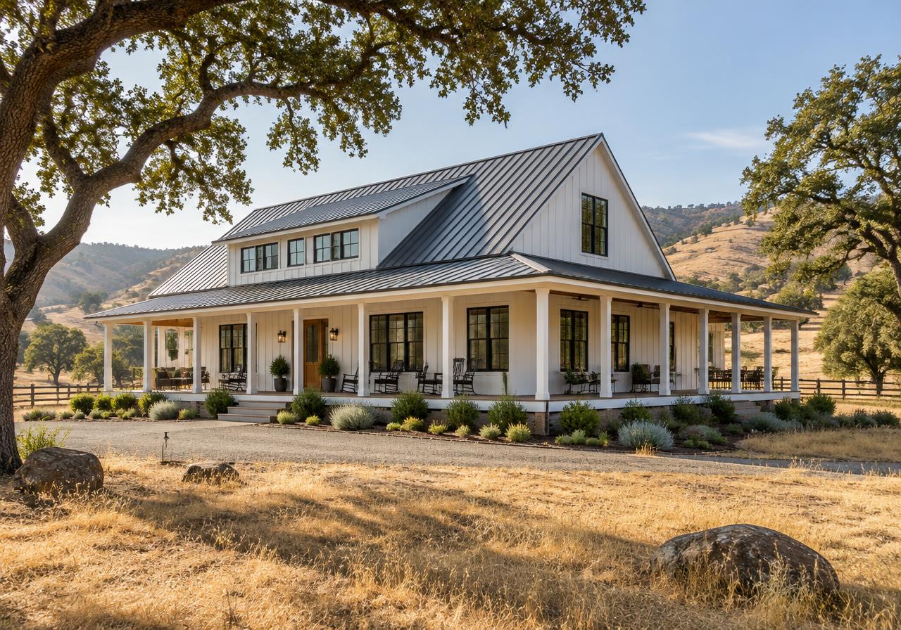 Barndominium home with metal roof and porch among oak trees