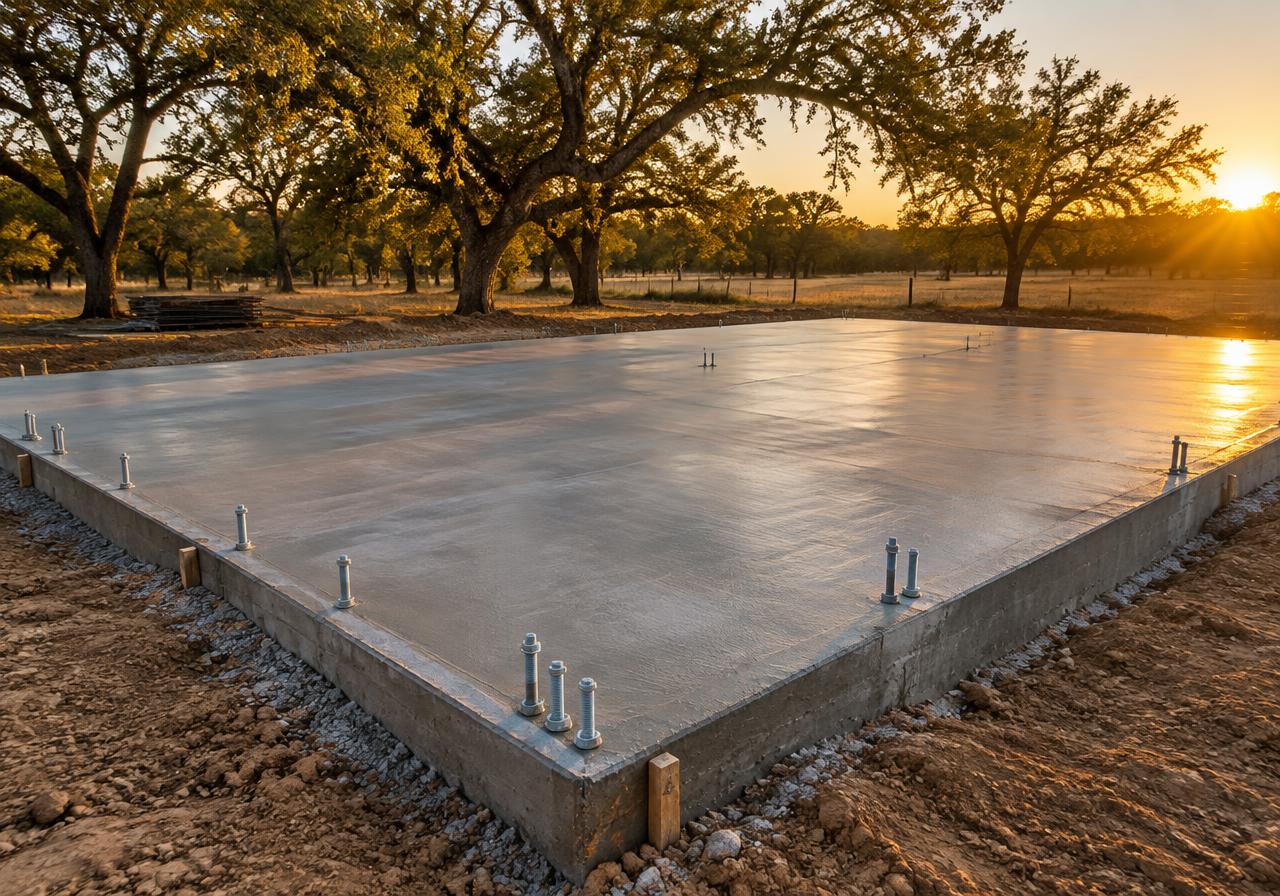 Finished concrete slab foundation with anchor bolts