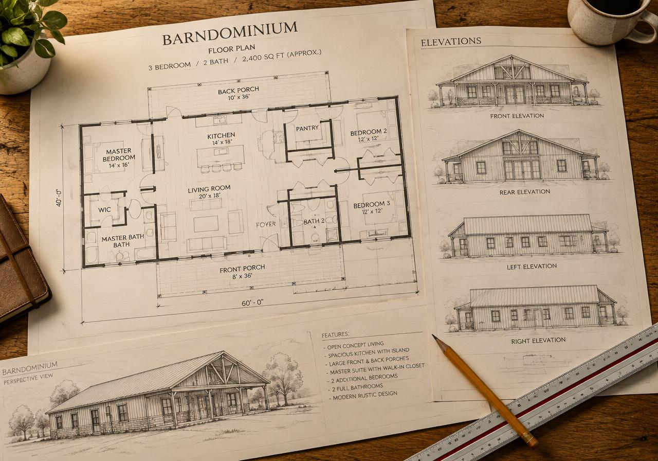 Barndominium floor plan drawings on a table