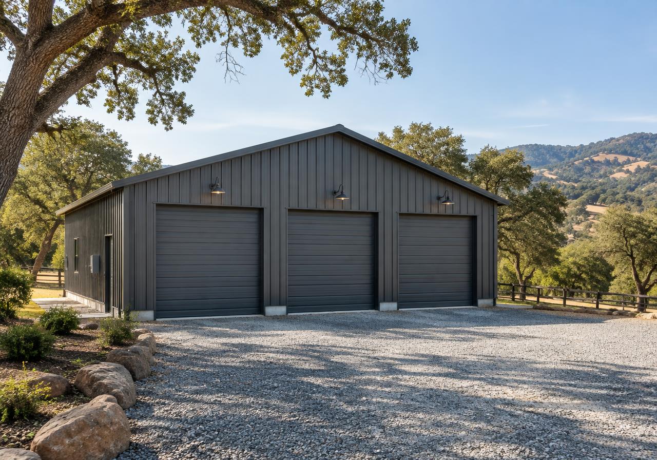 Charcoal metal three-bay garage on a rural property