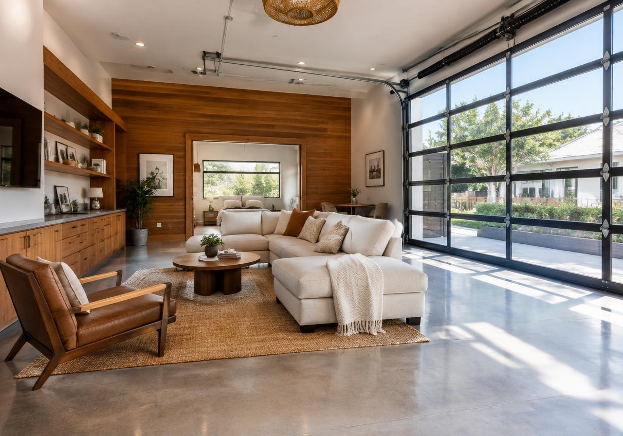 Garage converted into a bright living space with glass roll-up door