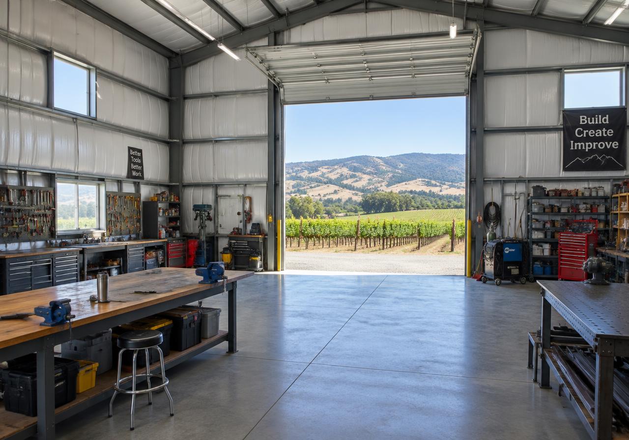 Steel workshop interior opening onto vineyard hills